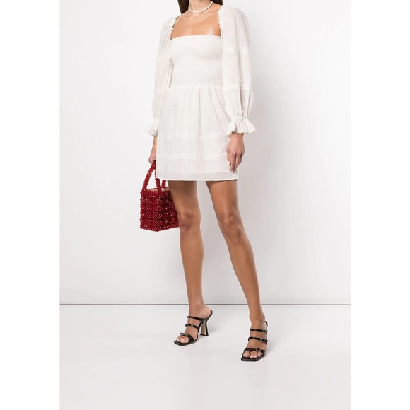 New Reformation Dunes Dress Cream Puff Long Sleeve Smocked Square Neck Mini Sz 4 - Picture 2 of 16